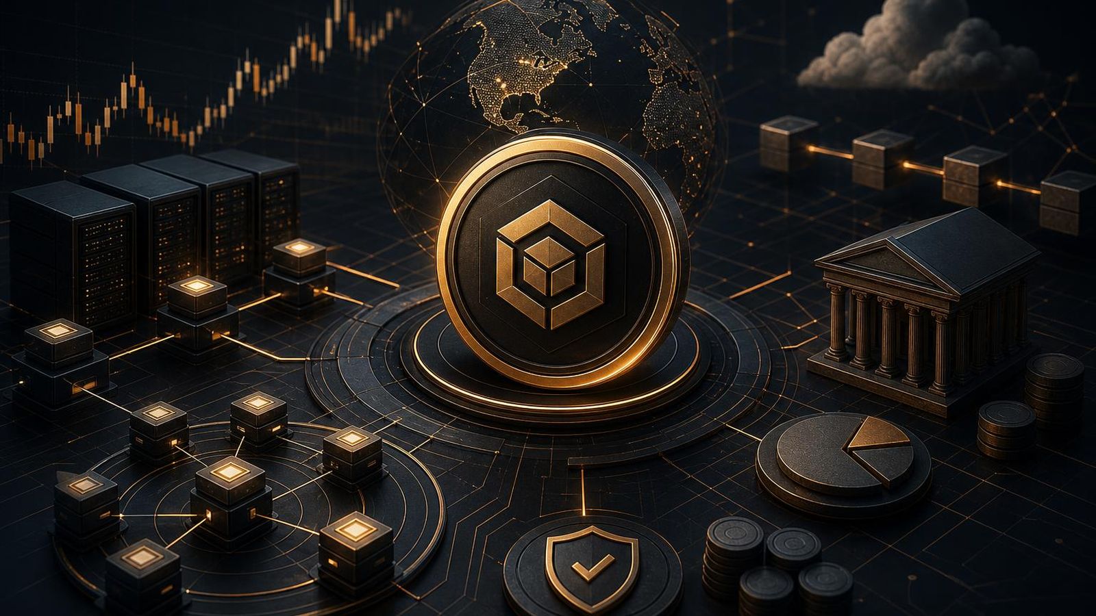 A trading infrastructure scene representing a large exchange ecosystem utility token
