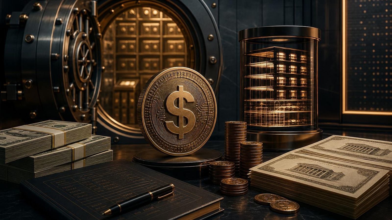 A vault and treasury bill ledger representing a US dollar stablecoin and its reserves